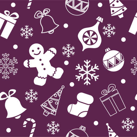 seamless christmas background with tree ginger bread man sock and snowflakesのイラスト素材