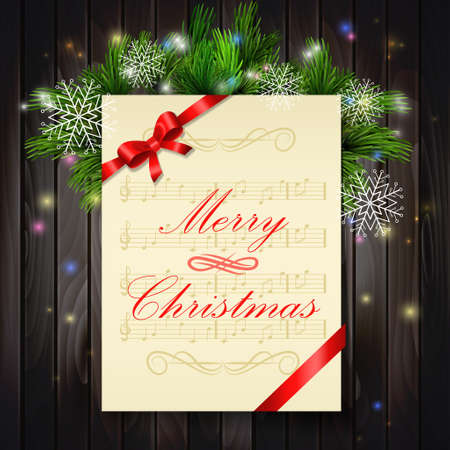 Christmas background with music paper ribbon and lights on a wood wallのイラスト素材
