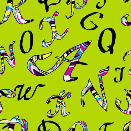 Alphabet letters Hand drawn illustration colorful abstract. Vector seamless pattern on greenのイラスト素材