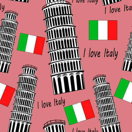 Sketch Pisa tower vector vintage seamless pattern with flag on pinkのイラスト素材