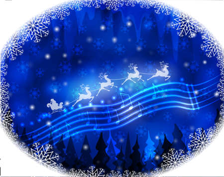 raindeers in a blue winter background with trees in snowflake frameのイラスト素材