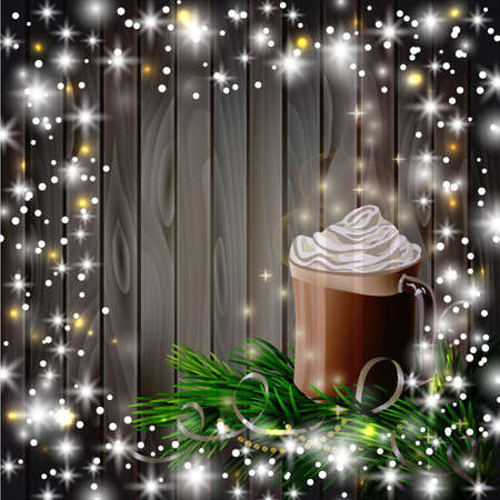 Christmas  New Year design wooden background with hot chocolate and christmas treeのイラスト素材