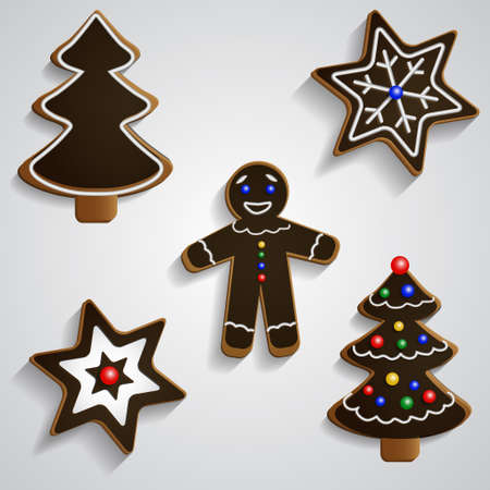 Chocolate ginger  man tree and stars set with decorationsのイラスト素材