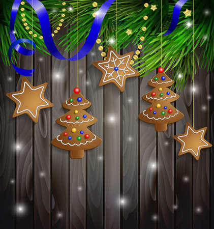 gingerbread cookies decorations on a Christmas tree with ribbon on a wooden wallのイラスト素材