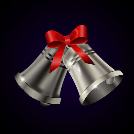 Silver bells with red bow on a blue background. Vector illustrationのイラスト素材