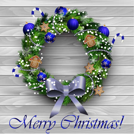 White card with Christmas wreath and bow isolated on wood backgroundのイラスト素材