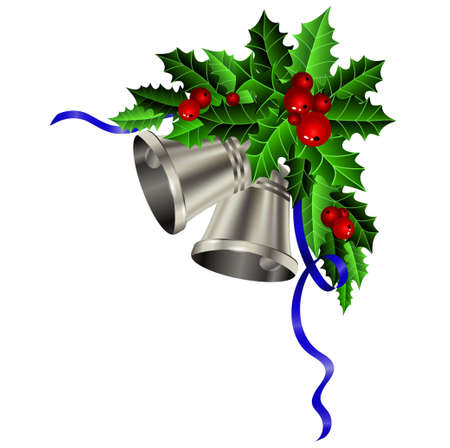 Christmas silver bells holly ribbon and berriesのイラスト素材