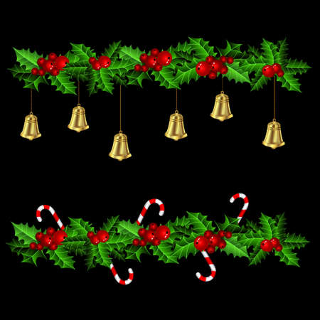 Green Christmas garlands of holly with candy cane and bells on blackのイラスト素材