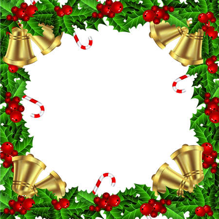 Holly Christmas frame with candy cane and bells isolatedのイラスト素材
