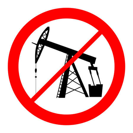 oil pump jack icon in black silhouette prohibition signのイラスト素材