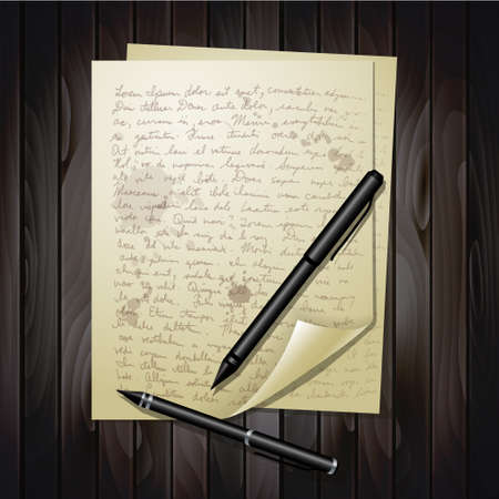 Multiple sheets of white paper pens  on top of  wood tableのイラスト素材