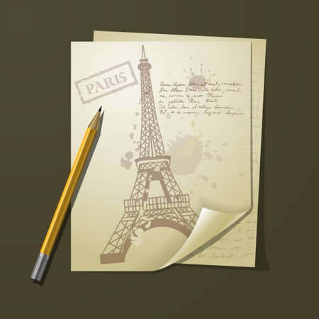 eiffel tower on white paper with pens and pancil on top of   tableのイラスト素材