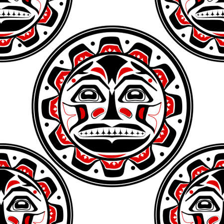 Vector illustration of the sun symbol. Modern stylization of North American and Canadian native art in black red and white seamless patternのイラスト素材