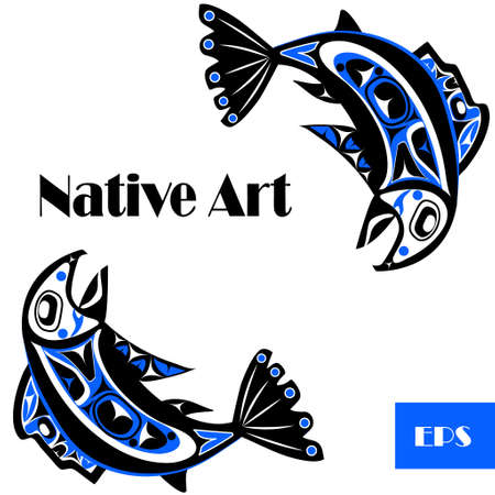 native salmon Vector fish in blue on white backgroundのイラスト素材
