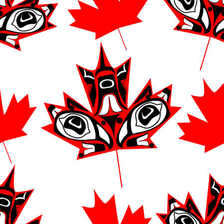 Canadian  maple leaf in native art on white background seamless patternのイラスト素材