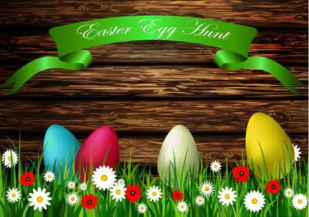 Easter egg hunt  with rastik Wood texture vector backgroundのイラスト素材