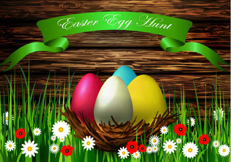 Easter egg hunt  with rastik Wood texture vector backgroundのイラスト素材