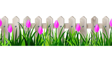Green Grass and white wooden fance seamless isolated clip art vector on white with rose tulipsのイラスト素材