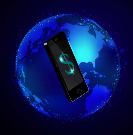 Globe and phone receivers and messages Global communication concept.のイラスト素材