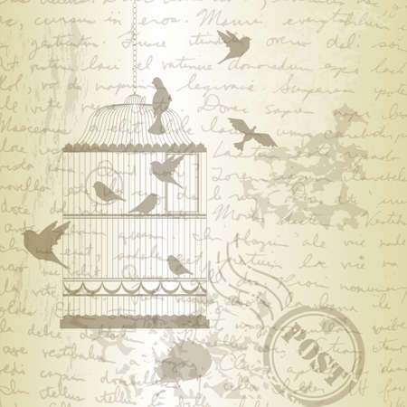 Bird cage with birds on grange old paper with post stampのイラスト素材