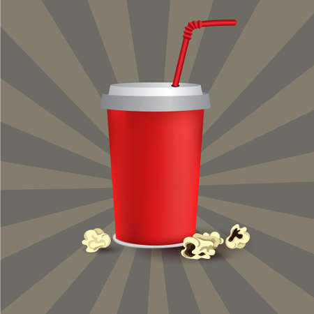 Red paper cup template for soda or cold beverage with drinking straw, isolated on white background with popcornのイラスト素材