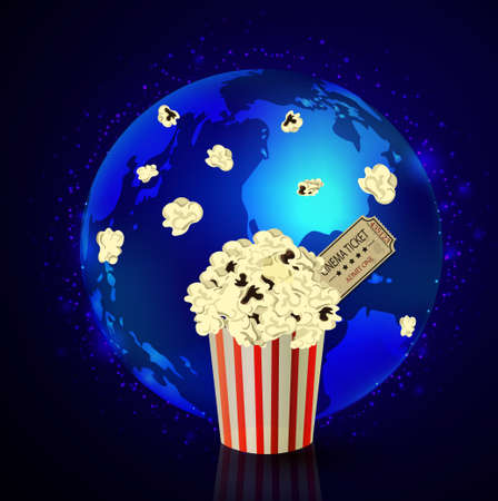Popcorn and movie ticket on dark space backgroundのイラスト素材