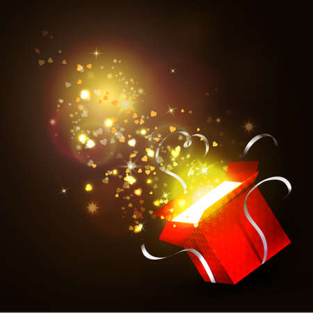Open gift box with bright rays of light and flying sparklesのイラスト素材
