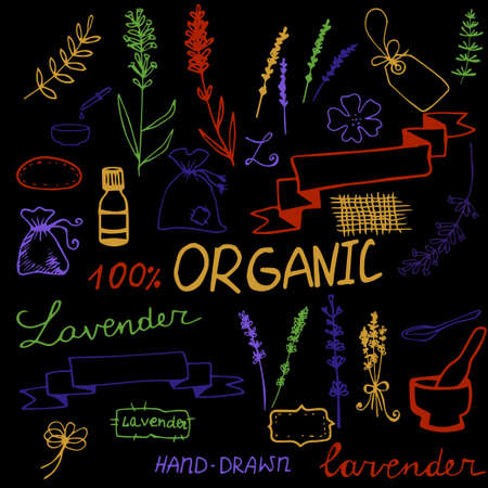 Hand drawn lavander set monochrome on black background in colorのイラスト素材