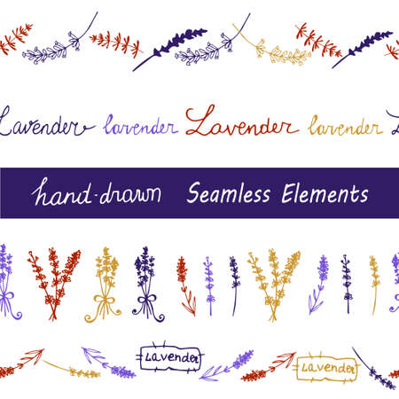 Lavender Seamless elements set  on the black background. Hand-drawn original backgroundのイラスト素材
