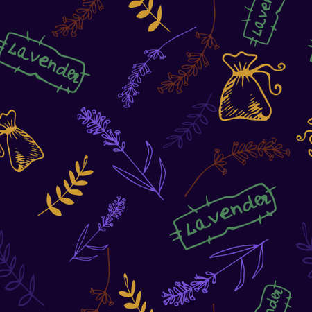 Lavender. Seamless pattern  on the blue background. Hand-drawn original backgroundのイラスト素材
