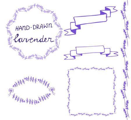 lavander frame hand drawn set with ribbonsのイラスト素材