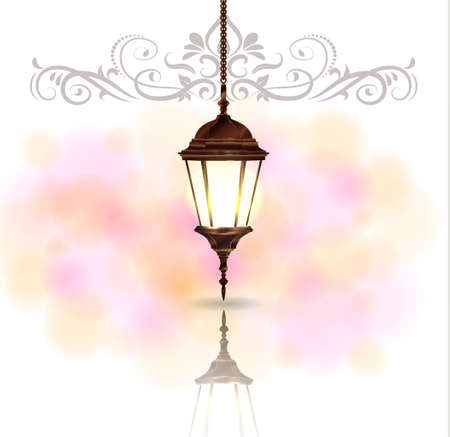 Intricate Arabic lamp with light for Ramadan Kareem and other events on a bokeh backgroundのイラスト素材