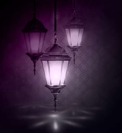 Intricate Arabic lamps with lights for Ramadan Kareem and other events on a bokeh backgroundのイラスト素材