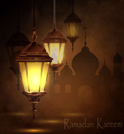 Intricate Arabic lamps with lights for Ramadan Kareem and other events on a bokeh  Mosque silhouette  backgroundのイラスト素材