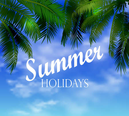 tropical vector background with leaves of palm trees summer sky and cloudsのイラスト素材