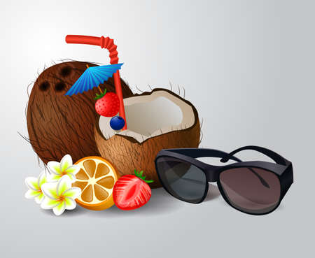 Exotic coconut cocktail isolated on a white background with fruit and sunglassesのイラスト素材