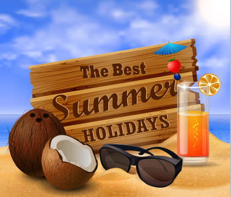 tropical vector background with  summer sky and clouds wooden desk coconut orange juice and sunglasses on a sand beachのイラスト素材
