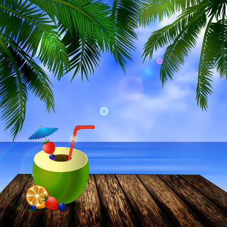 tropical vector background with leaves of palm trees summer sky  clouds exotic beverage and fruit on wooden deckのイラスト素材