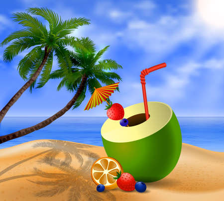Fresh drinking coconut with a straw, cocktail umbrella and  fruits and berries on a beachのイラスト素材