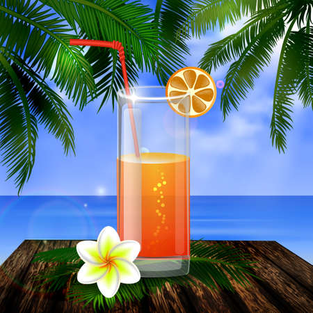 tropical vector background with leaves of palm trees summer sky  clouds exotic beverage and fruit on wooden deckのイラスト素材