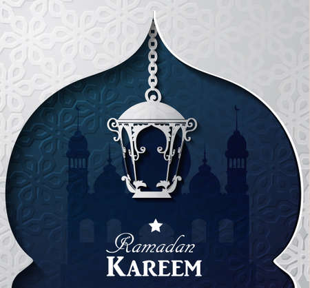 Vector illustration Silhouette of mosque and paper light on dark background in paper windowのイラスト素材