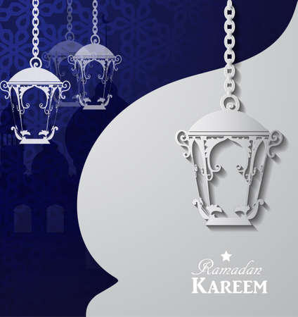 Arabic illustration of Ramadan Kareem on white and blue paper with Silhouette of mosque and paper lightのイラスト素材