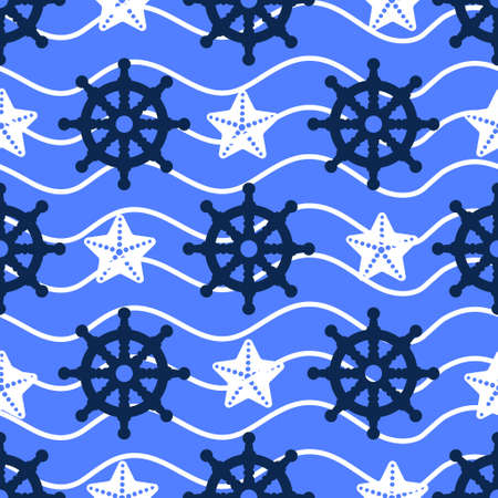 Steering Wheel seamless pattern vector illustration on blue with abstract waves and star fishesのイラスト素材