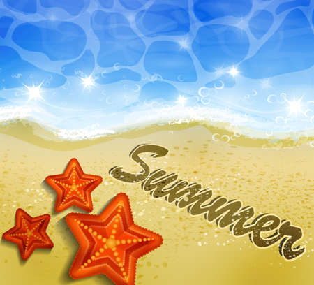 Beautiful beach top view with starfishes vector illustration and word on the sandのイラスト素材