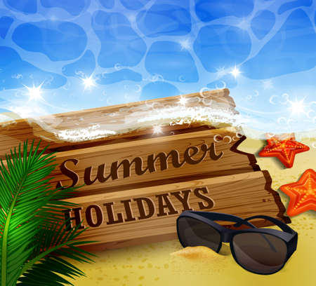 beach top view with starfish sunglasses palm leaves and wooden board illustrationのイラスト素材