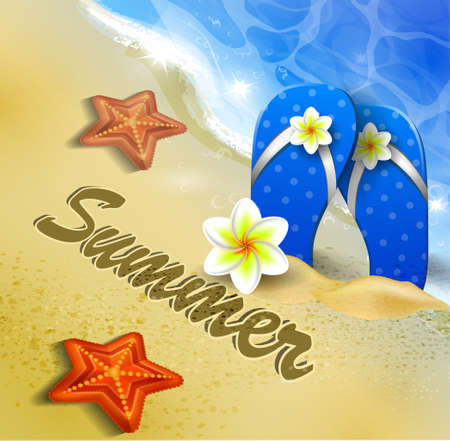 Beautiful beach top view with starfishes and blue flip flops vector illustrationのイラスト素材