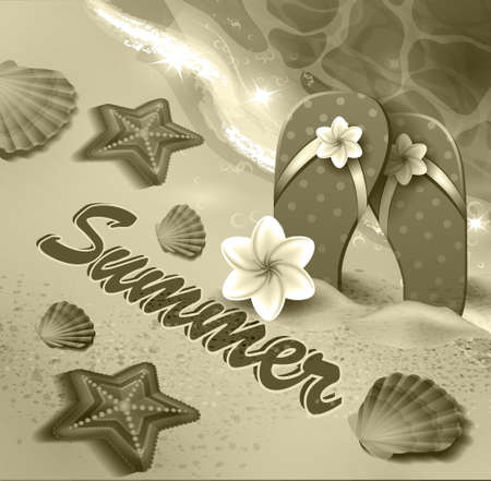 Beautiful beach top view with starfishes and orange flip flops vector illustration in monochromeのイラスト素材