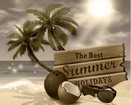 tropical vector background with leaves of palm trees summer sky and clouds wooden desk coconut and sunglasses on a sand beach in monochromeのイラスト素材
