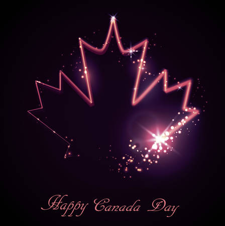 Neon maple leaf on the dark background for Happy canada dayのイラスト素材