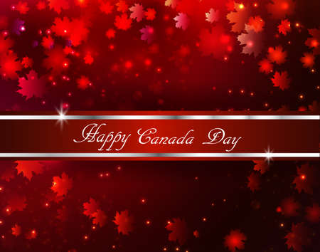 Happy Canada Day background magic maple leaves rain with red and gold ribbonのイラスト素材